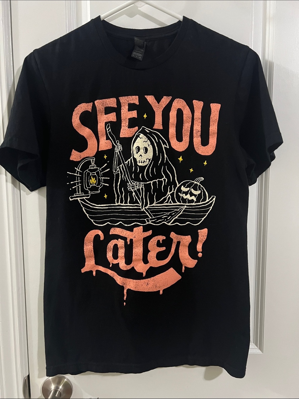 See You Later Graphic Short Sleeve Tee - Black with Coral Print